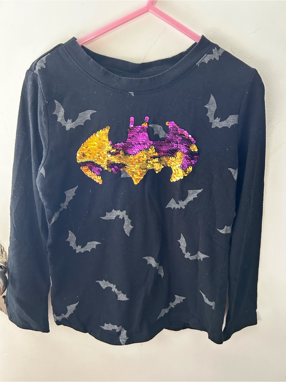 Batman Girls' Black Long-Sleeve Tee with Purple & Gold Sequin Bat